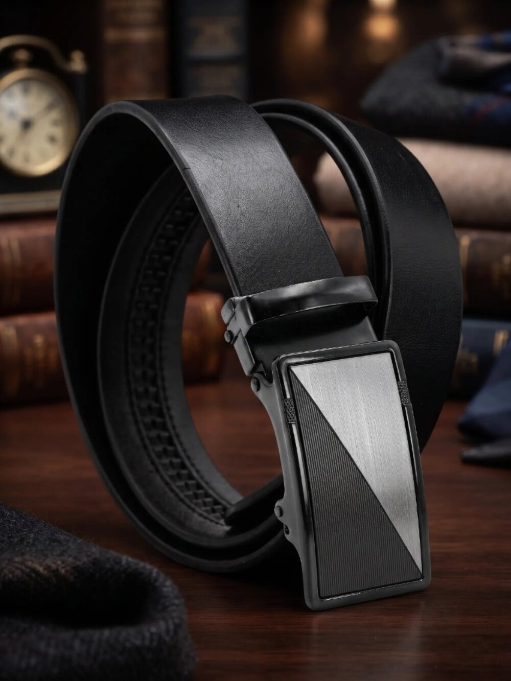 Men Genuine Leather Ratchet Belt, Adjustable Sliding Buckle, Automatic Lock Belt
